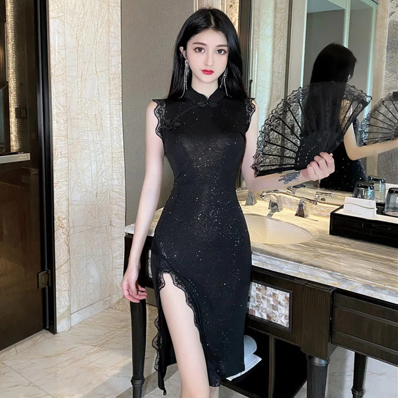 

2021 summer new celebrities retro lace slim sexy split fork improved cheongsam dress fashion