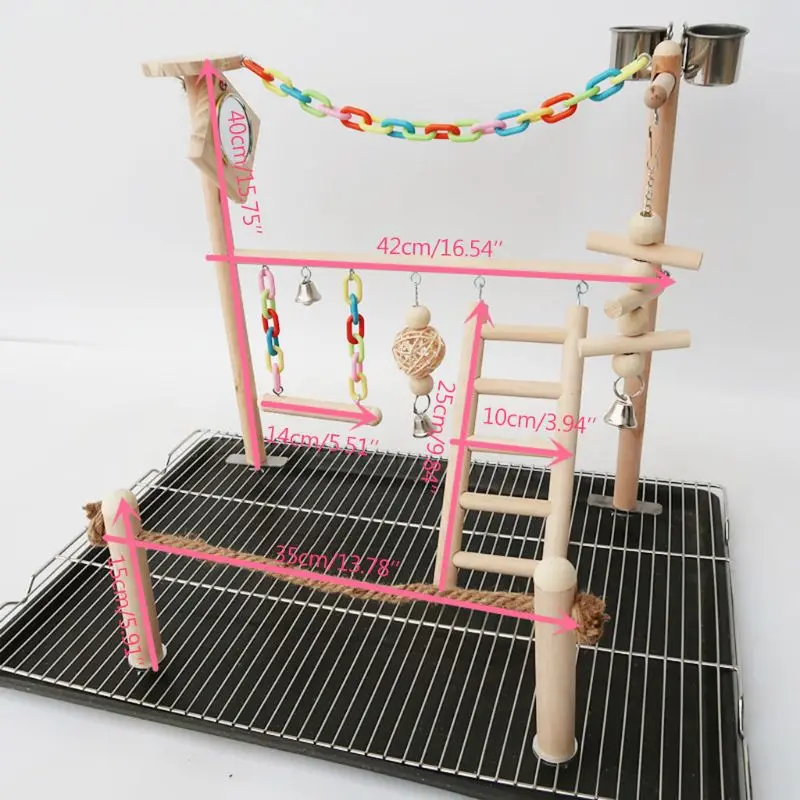 

Parrot Bird Mirror Play Stand Cockatiel Playground Wood Perch Gym Ladder Feeder Cups Swing Climbing Exercise Toys Pet Supplies