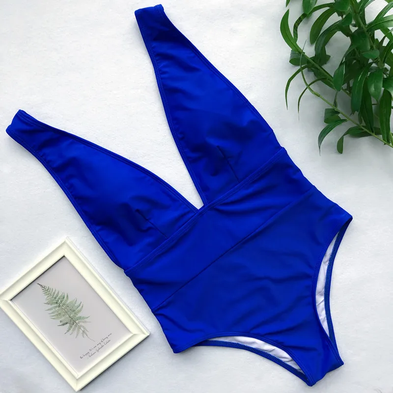 

Deep V-neck BeachBackless hollow Swimsuit Solid Color Bikini Waist Monokini Swimsuit