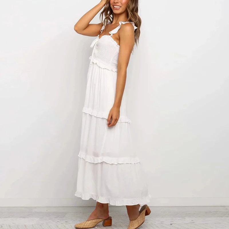 Long White Boho Cotton Day Dress Summer Women Elegant Beach Party Maxi Ruffle Sexy Backless Clothes Female | Женская одежда