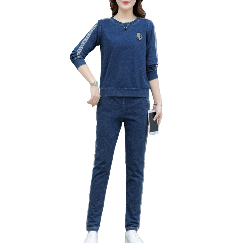 

2020 spring women's fashion large size word embroidery Denim tops+jeans suits female retro plus size velvet 2 piece sets