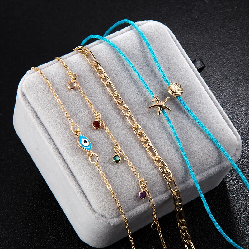 

Fashion Colorful Turkish Eyes Anklets Gold Color Leg Chain Blue Star Fish Shell Pendant barefoot Anklet Foot Jewelry Accessories