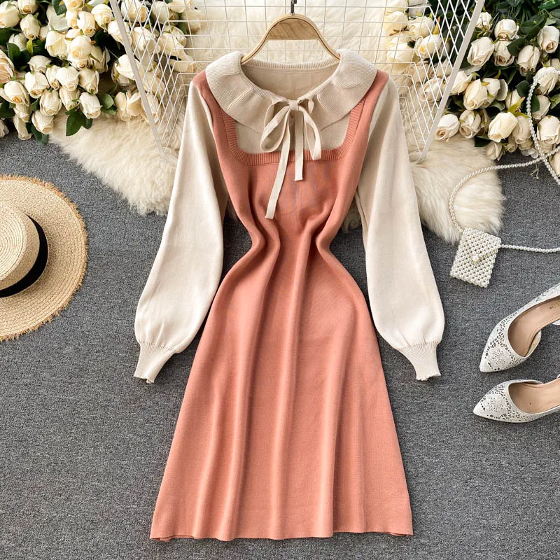 

Sweet Ladies Patchwork Knitted Sweater Dress Women Fashion Spring Peter Pan Collar Long Sleeve A Line Casual Female Mini Dresses