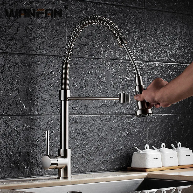 

Kitchen Faucets Brush Brass Faucets for Kitchen Sink Single Lever Pull Out Spring Spout Mixers Tap Hot Cold Water Crane N22-059