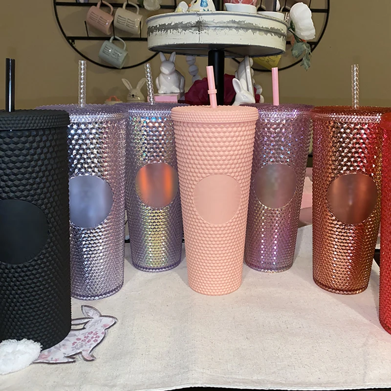 

Reusable Blank DIY 710ml 24oz 22oz Diamond Iridescent Unicorn Matte Ombre Sipper Tumbler Studded Cold Bling Cup with No Logo