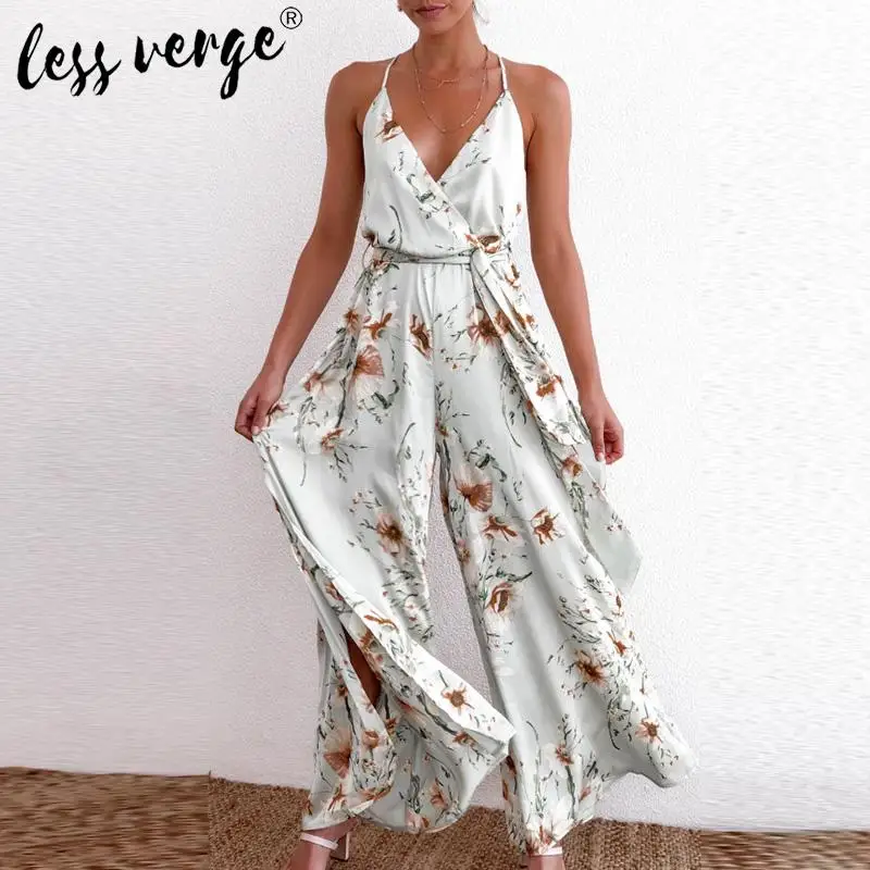 Комбинезон женский с цветочным принтом ажурный Ромпер в стиле бохо лямкой на шее