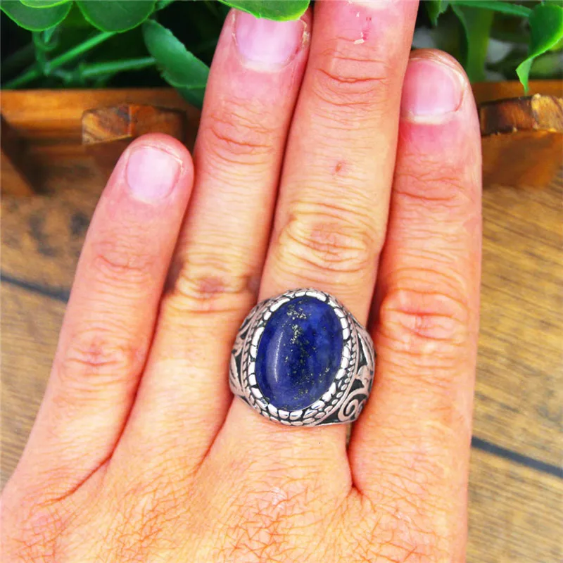 Oval Lapis Lazuli Stainless Steel Rings Natural Stone Leaf Plant Vintage Fashion Jewelry TR730