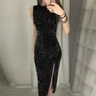 2020 женское элегантное вечернее платье Dreess с круглым вырезом, сексуальное блестящее платье средней длины без рукавов с разрезом, блестящее платье для нового года, официальное платье 3XL