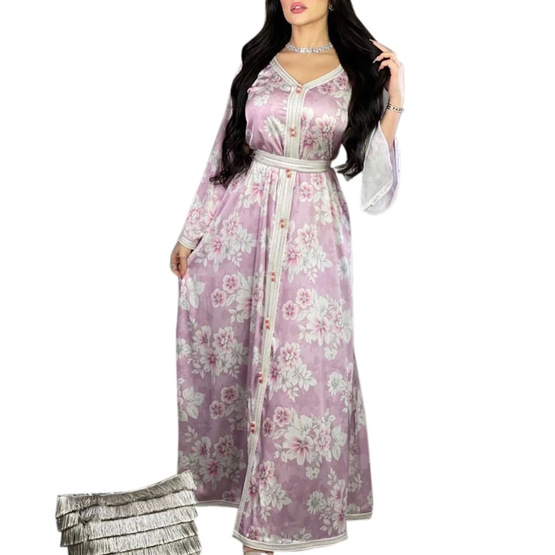 

Women Muslim Long Sleeve Maxi Dress Floral V-Neck Dubai Abaya Belted Robe Kaftan U90E