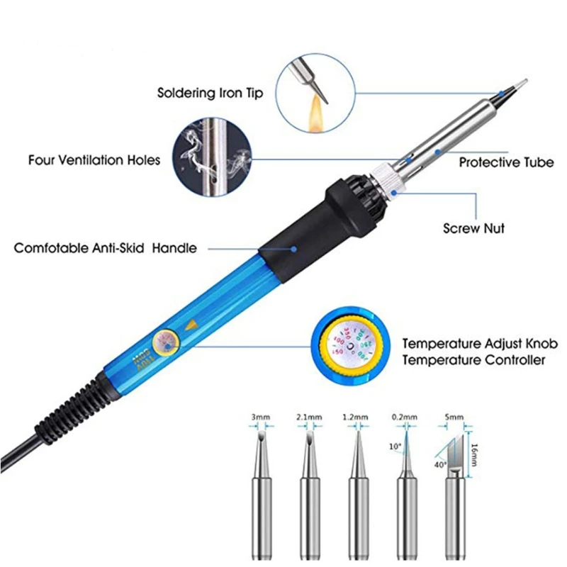 

Электрический паяльник с регулируемой температурой и пластиковой ручкой, 60 Вт, 220-240 В, набор инструментов для сварки