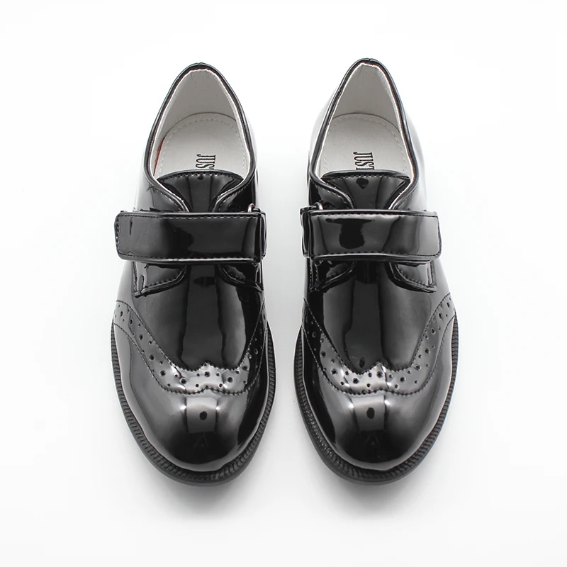 Детские черные лакированные броги для мальчиков Формальные туфли на липучке