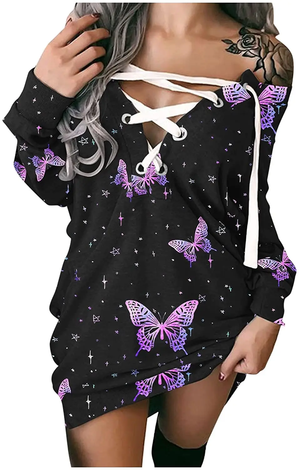 

Women Halloween Printed Dress, Adults Tie-up Round Neck Long Sleeve Dresses with Drawstring