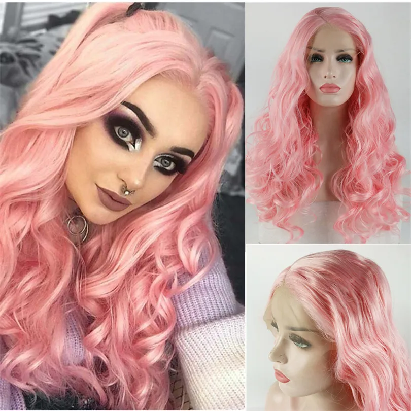 Розовые Цветные Волнистые волосы 13*4 кружевные передние парики натуральные