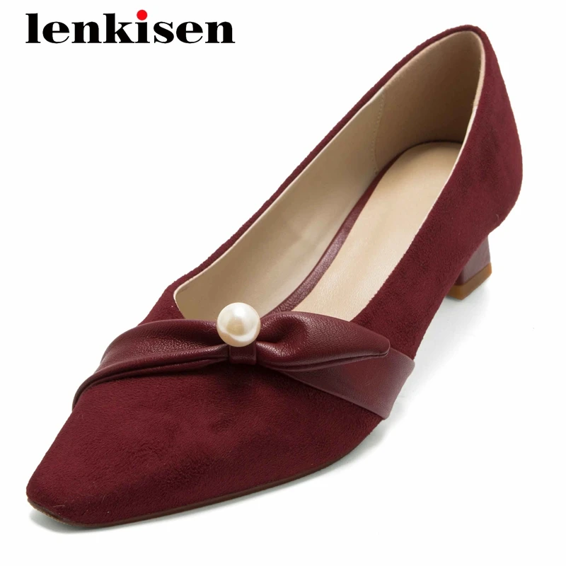 

Lenkisen french romantic sheep suede butterfly-knot sweet girls square toe med heel slip on dance party gorgeous women pumps L27