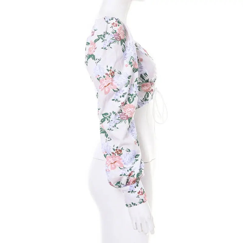 

Autumn New Floral Print Bandage Blouse Women Puff Long Sleeve Square Neck Crop Tops Sexy Bustier Short Shirt Casual