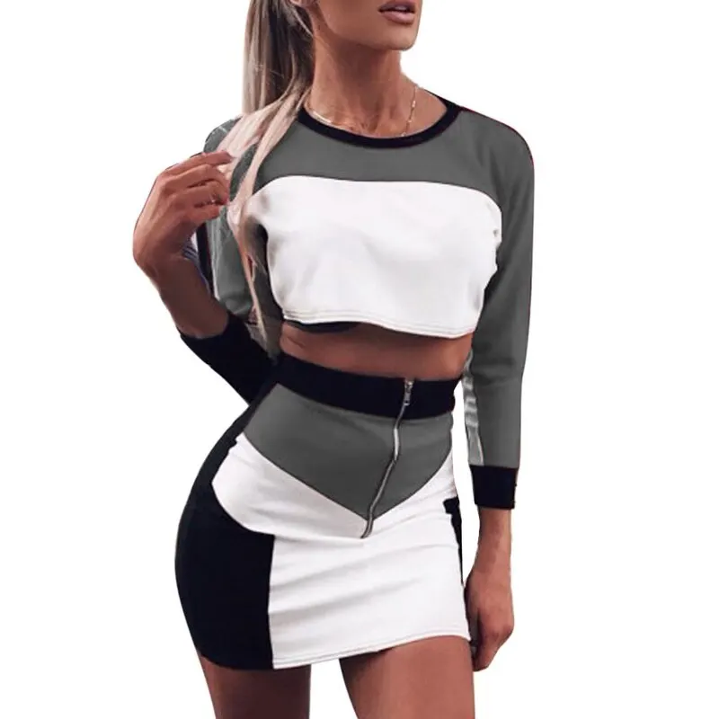 Серый SFIT женский спортивный костюм из кусков, спортивный комплект с круглым вырезом, рубашки с длинным рукавом+ платье с высокой талией, Женский костюм для бега - Цвет: Серый