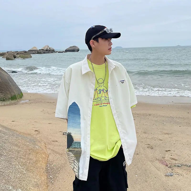 

Short Sleeve Shirt Thin Men's Casual Loose Tops Lapel Shirts Male Clothes Plus Size Spring Summer Printed Oil Painting Coat Tide