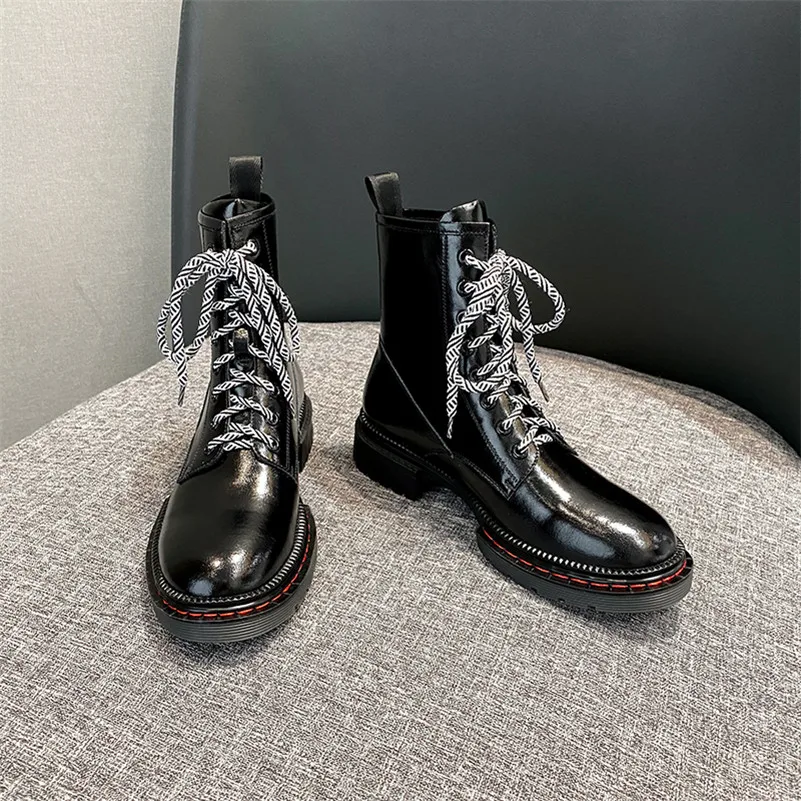 

ANNYMOLI Women Short Boots Shoes Real Leather Platform Flat Motorcycle Boots Zip Cross Tied Punk Ankle Boots Autumn Winter Black