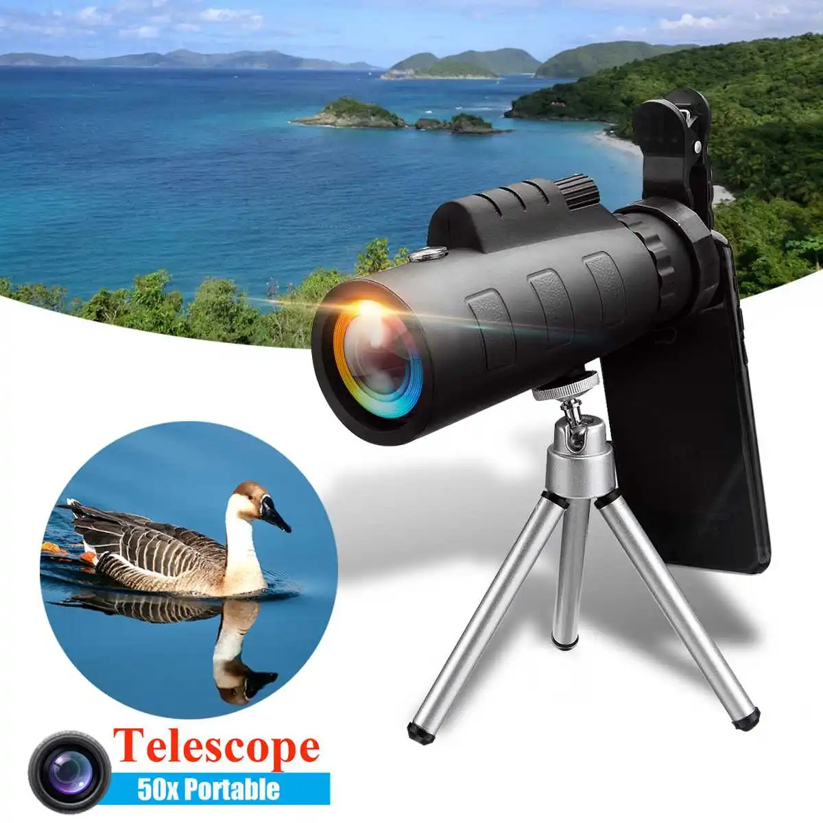 

50X60 Portable HD Monocular Zoom Optical Phone Lens Night Vision Telescope Camera Lens Telephoto Mobile Lens With Tripod+Clip