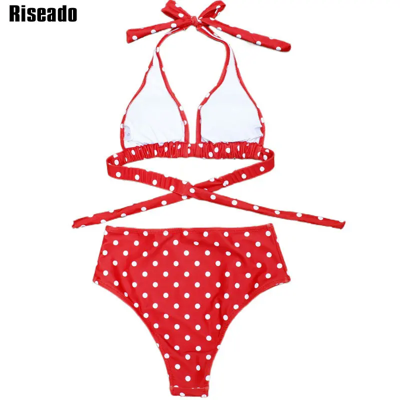 Riseado бикини с высокой талией принтом в горошек женский купальник лямкой на шее