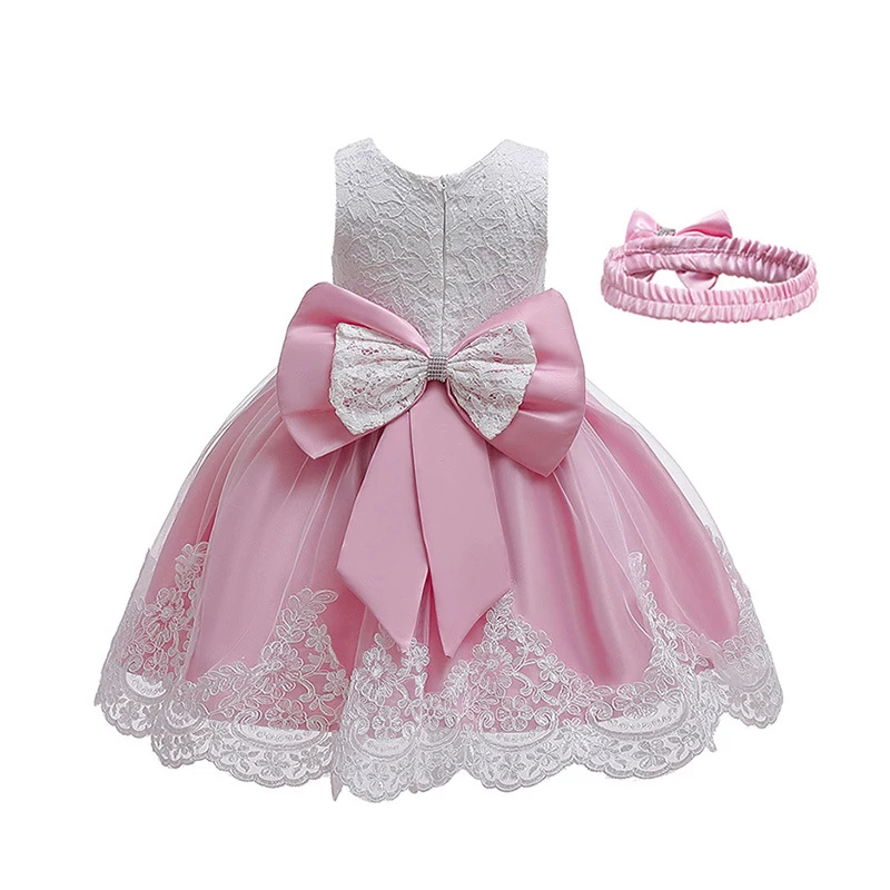 

New Style Girls Pink Cake Princess Dress Bow-Knot Lace Costumes For Fit Kids Birthday Theme Party Dress Performance Ball Gown