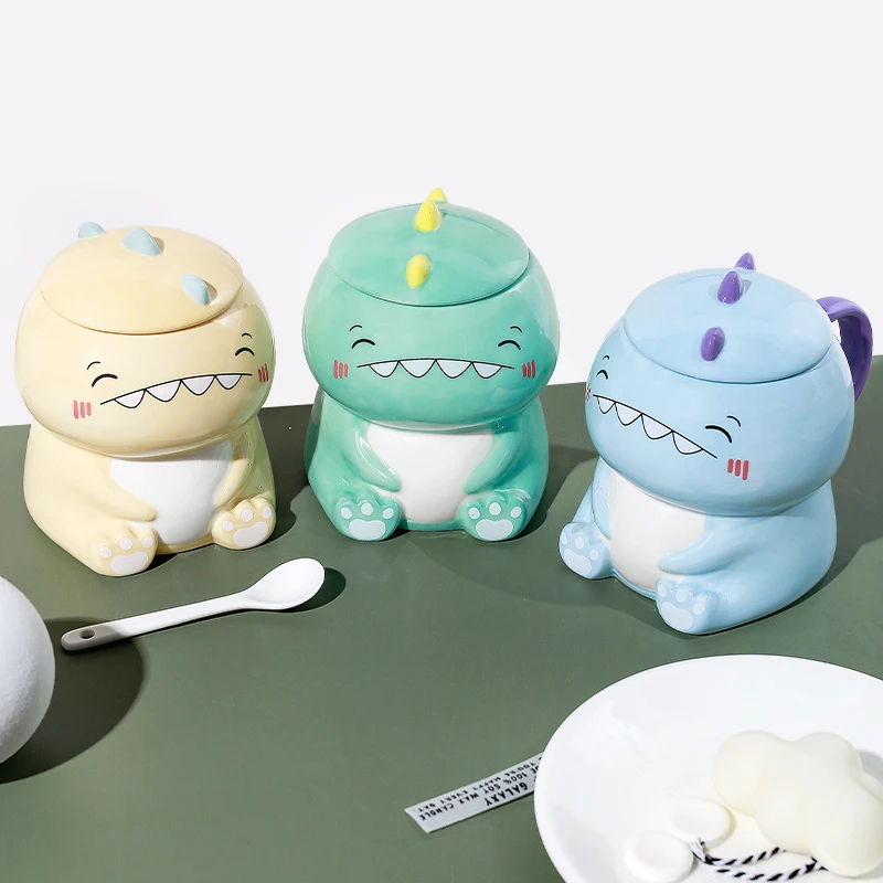 

450ml Cute Dinosaur Ceramics Coffee Mug With Spoon Creative Hand Painted Drinkware Milk Tea Cups Novelty Gifts