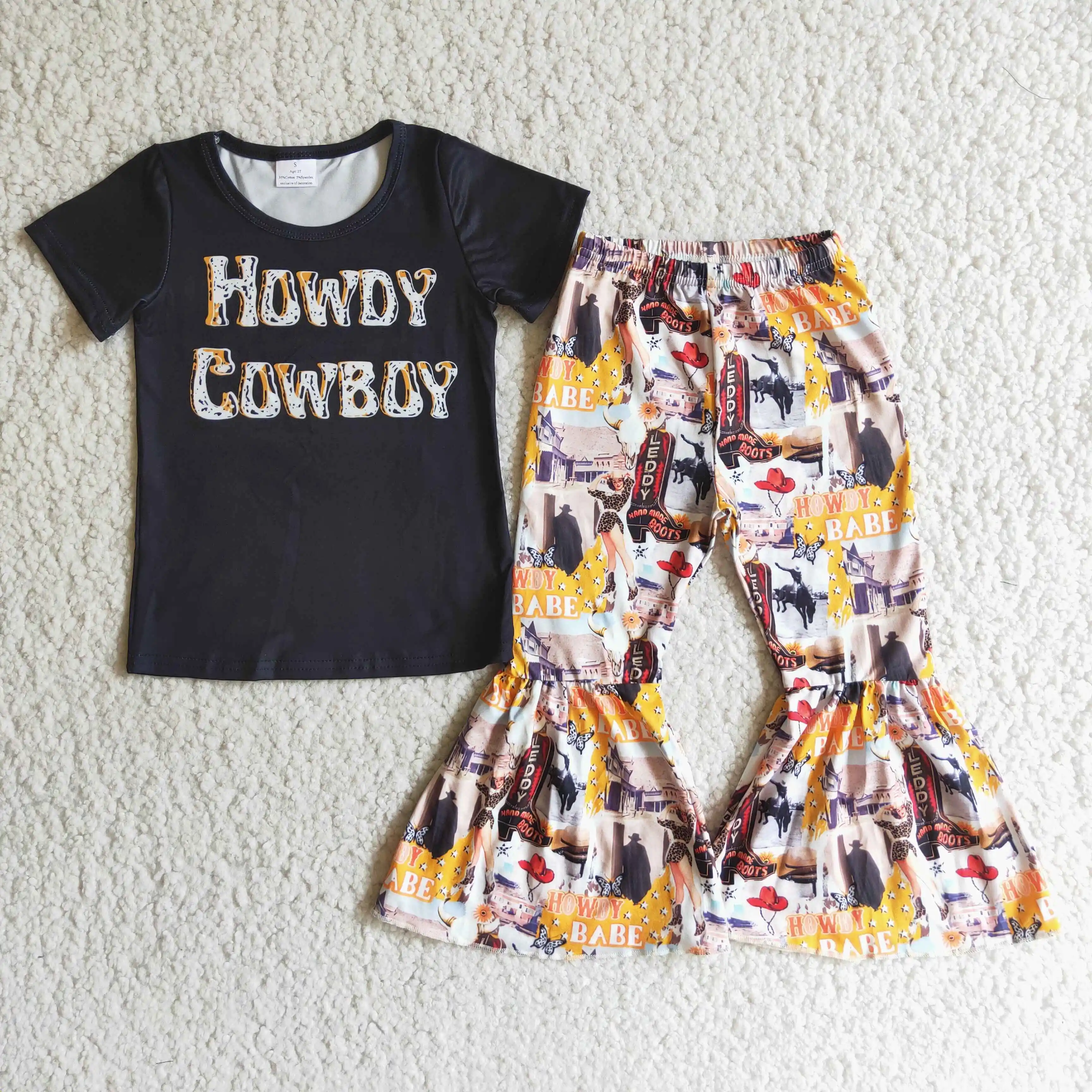 

Short sleeve cowboy black shirt bell bottom pants kids clothing sets toddler girl clothes