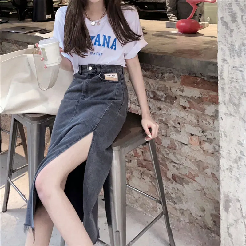 

Пикантный women'sDenim новый стиль летнее платье средней длины с завышенной талией в тонком стиле ягодицы длинная юбка с разрезом