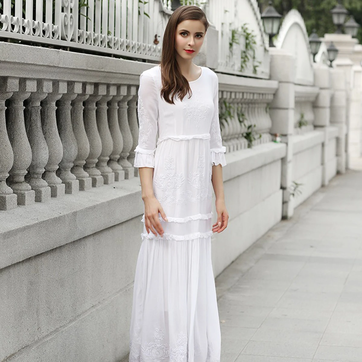 Boho, красное, белое, с вышивкой, макси платье, для женщин, осень, лето, с оборками, элегантные платья,, для девушек, одноцветное, хиппи, Пляжное, длинное платье