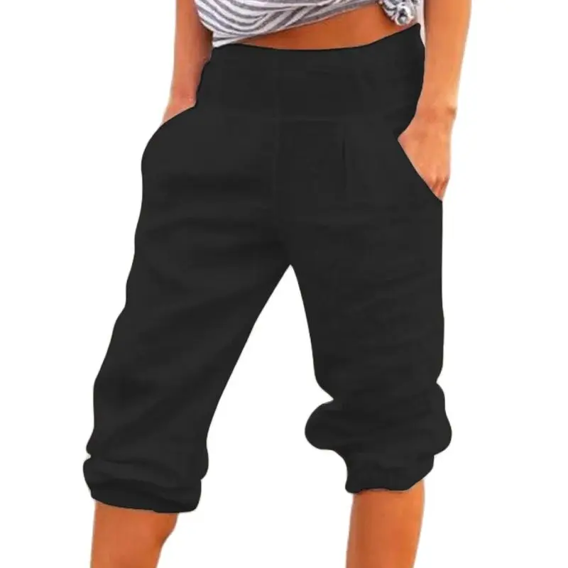

2021 Plus Size Casual Women Calf-length Pants Casual Pockets Solid Color High Waist Loose 3/4 Trousers Woman Pantalones De Mujer
