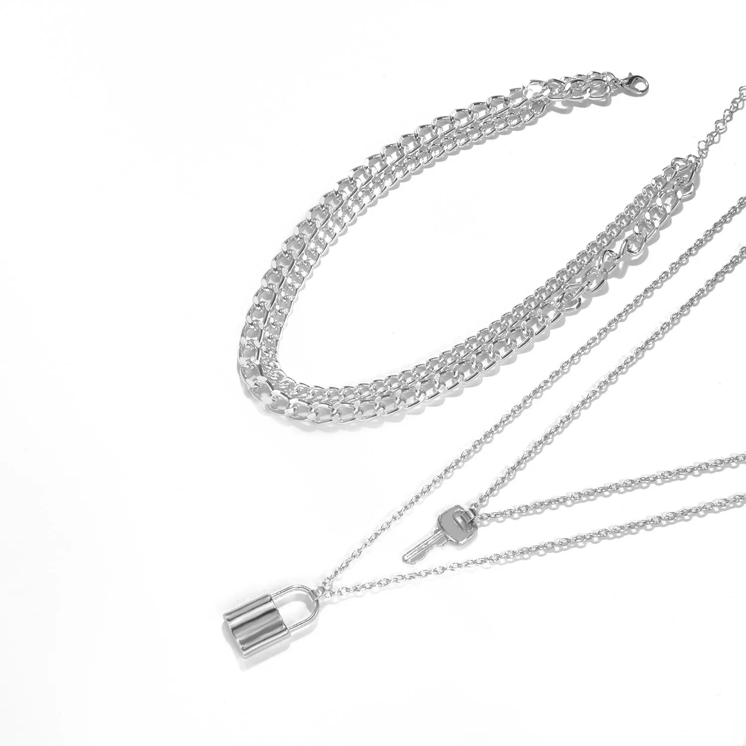 

Punk Multilayer Silver Color Lock Pendant Necklace For Women Edgy Trend Key Grunge Cool Girl Female Chain Necklaces Long Jewelry