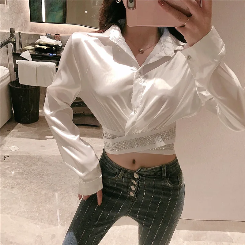 

2020 Spring Korea Fashion Lady Elegant Long Sleeve Shirt Women Casual Slim Short Rhinestone Blouse Blusas Mujer De Moda H256