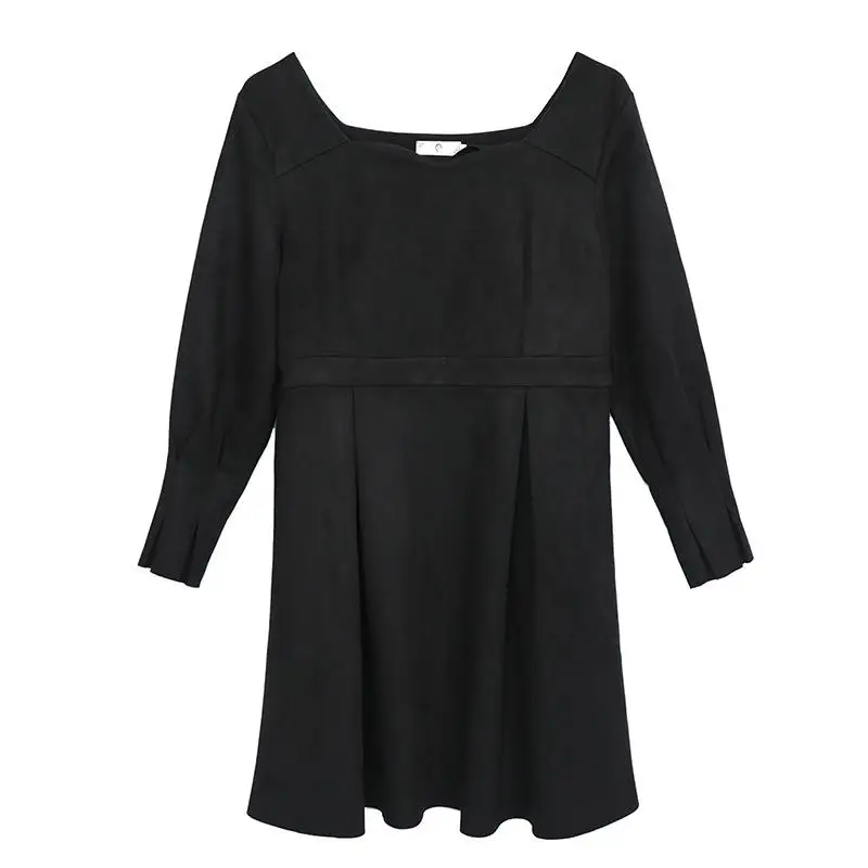 

2019 Autumn Winter Suede Large Size Dress Elegant Long Sleeve A-line Black Women Dress Fashion XL-4XL Plus Size Casual Dresses