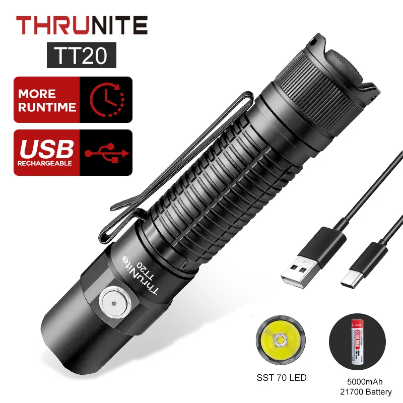 ThruNite TT20 2526 Lumens USB C Rechargeable Dual-Switch Handheld Tactical Flashlights with 258 Meters Beam Distance Original