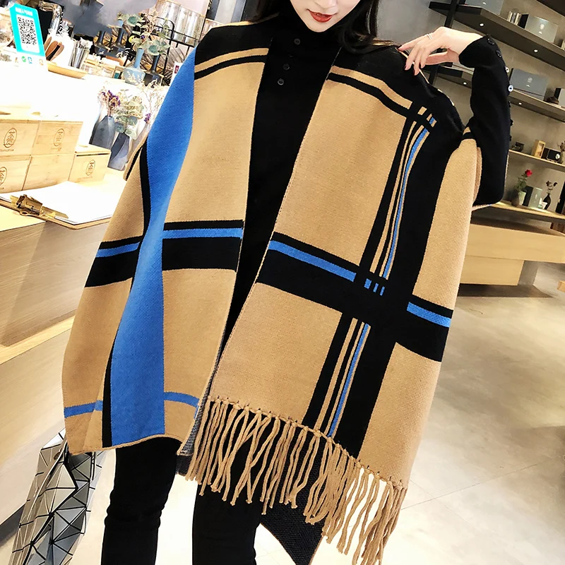 Шерстяной свитер с открытым стежком толстое пончо кисточками женская накидка