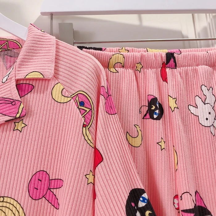 

Cute Sailor Moon Print Pajamas Sets For Women Long Sleeve Cotton Sleepwear Pink Pijama Mujer Female Nightsuit Homewear Pyjamas