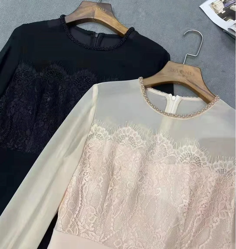 

New 2020 Spring Summer Bodycon High Quality Women Sexy Sheer Mesh Lace Patchwork Long Sleeve Pencil Dress Apricot Black