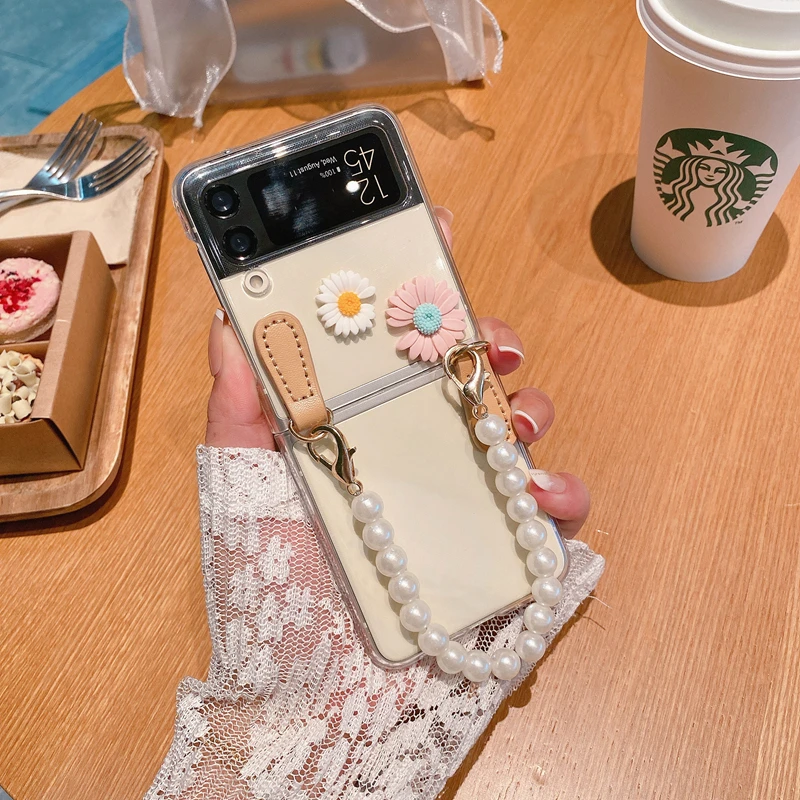 Милые чехлы для телефонов с жемчужным цветком и браслетом Samsung Galaxy Z флип