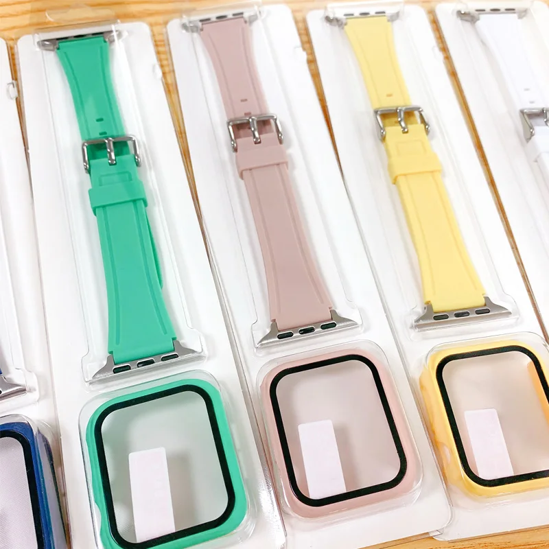 

Glass Case Strap For Apple Watch 44mm 40mm 38mm 42mm Silicone smartwatch watchband bracelet iWatch 2 3 4 5 6 7 se band Newest