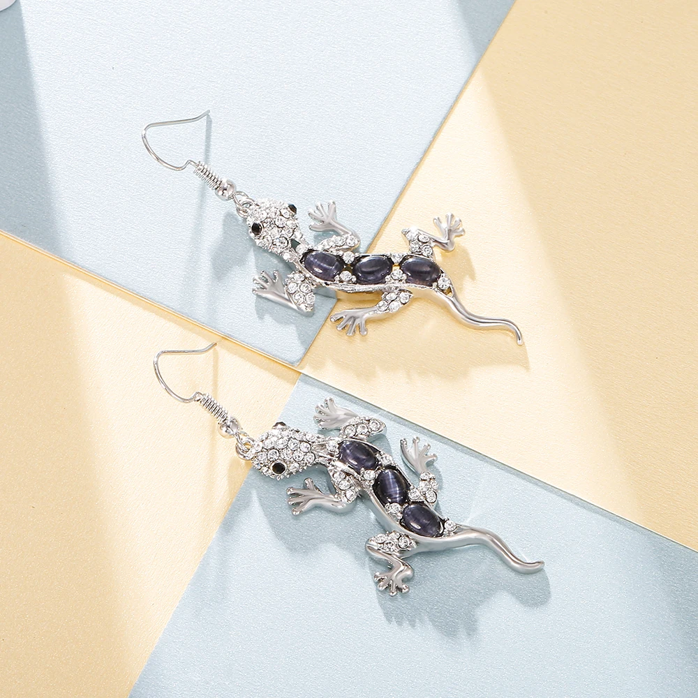 Серьги с розовыми и черными стразами и опалами, изысканные и роскошные, цвет золота и серебра, с преувеличенными ящерицами-гекконами, модные украшения в подарок.