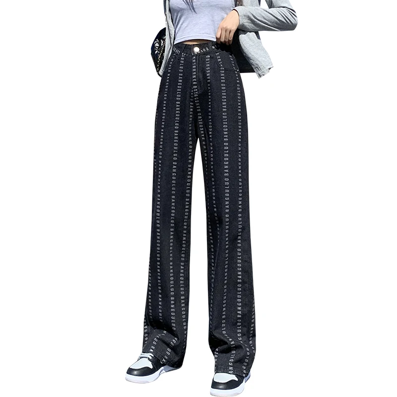 

New Spring Jeans Women Streetwear Loose High Waist Wide Leg Straight Pants Cotton Fashion Letter Printed Denim Trousers Man