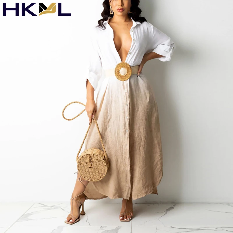 

Women Dress Gradient Color Buttoned Long Sleeve Elegant Autumn Office Ladies Loose Dress 2021 New