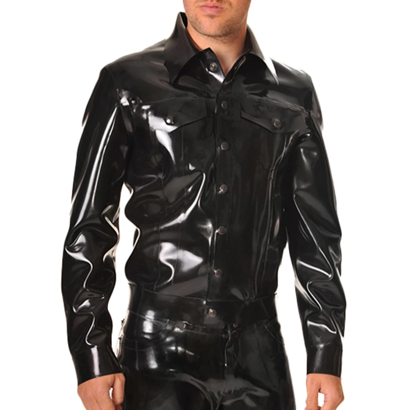 

Black Sexy Short Latex Jacket With Cuffs Buttons Front Pockets And Turn Down Collar Rubber Coat Clothes Top YF-0291