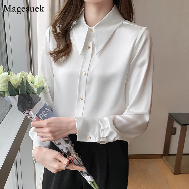 

Autumn White Satin Silk Blouses Office Lady Long Sleeve Shirt Tops Mujer Fashion Simple Single-breasted Solid Women Shirts 16824