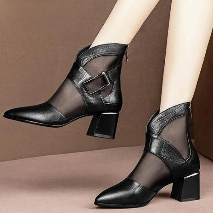 

Women High Heeled Sandals Boots,Pointed Toe,Thick Heel Gladiator Shoes,Buckle Mesh Ankle Boot,Black, Spring/Autumn for Woman