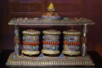 18tibetan temple collection old tibetan silver mosaic gem dzi bead three layers prayer wheel chanting buddhist artifact town ho