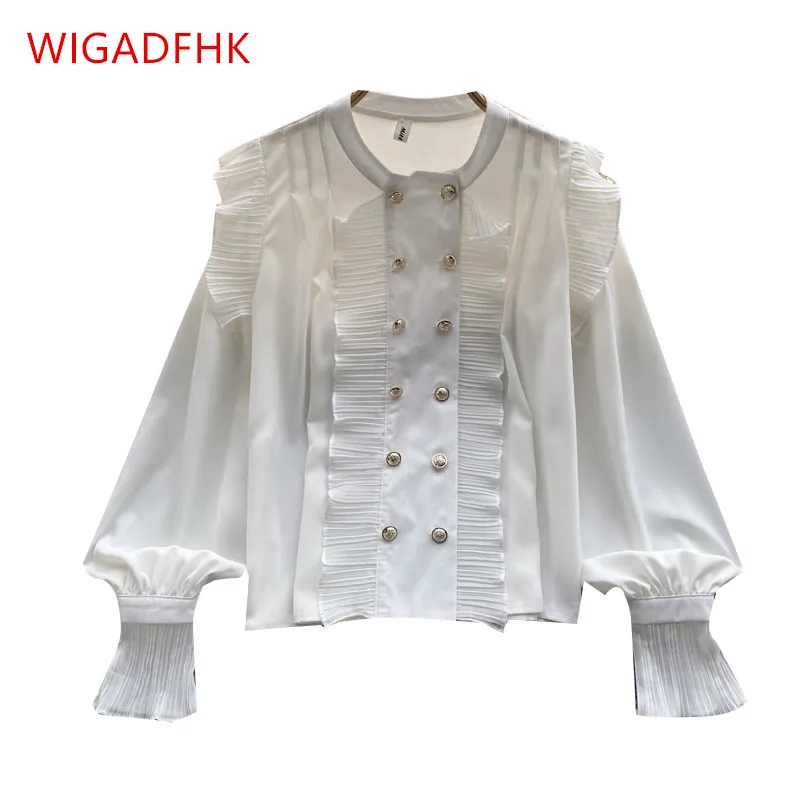 

Retro Double-breasted Fashion Pleated Ruffled Shirt Spring New Fashion Stand-up Collar Solid Color Puff Sleeve Chic Blouse Women
