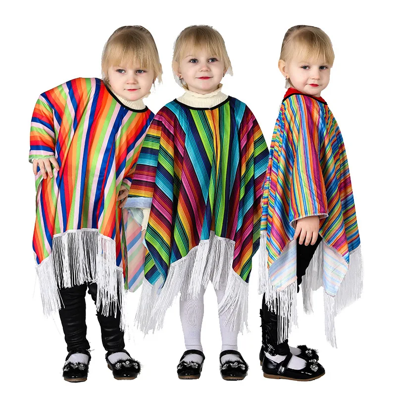 

Mexico Man Multi-color Rainbow Cloak Halloween Party Carnival Cosplay Costumes Fancy Striped Cape Dress 90x90cm