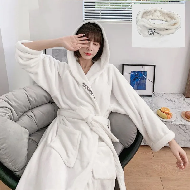 

Women Winter Flannel Robe Nightgown Loose Hooded Bathrobe Nightgown Thick Warm Embroidery Home Dress Sleepwear With Pockets