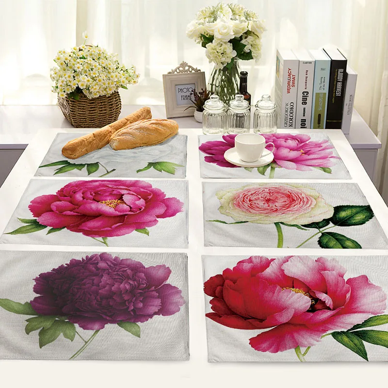 

Flower Pattern Placemat Dining Table Mat Drink Coaster Cotton Linen Pads Bowl Cup Mats Home Decor Kitchen Accessories 42*32cm/pc